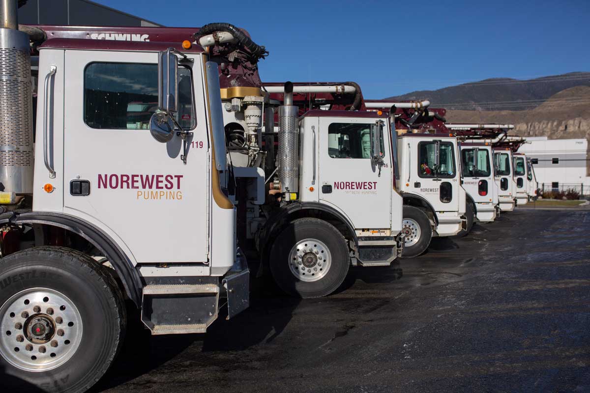 A line of Noremac concrete pumps are set up and ready for action.
