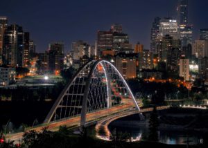 The Walterdale Bridge in Edmonton at night time.