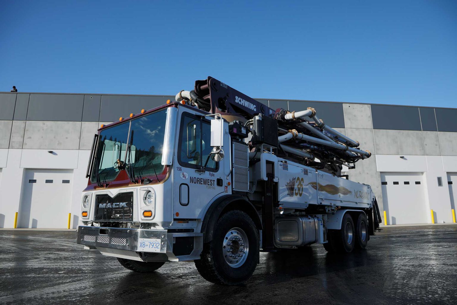 A Schwing 36X Boom with the Noremac logo on it.