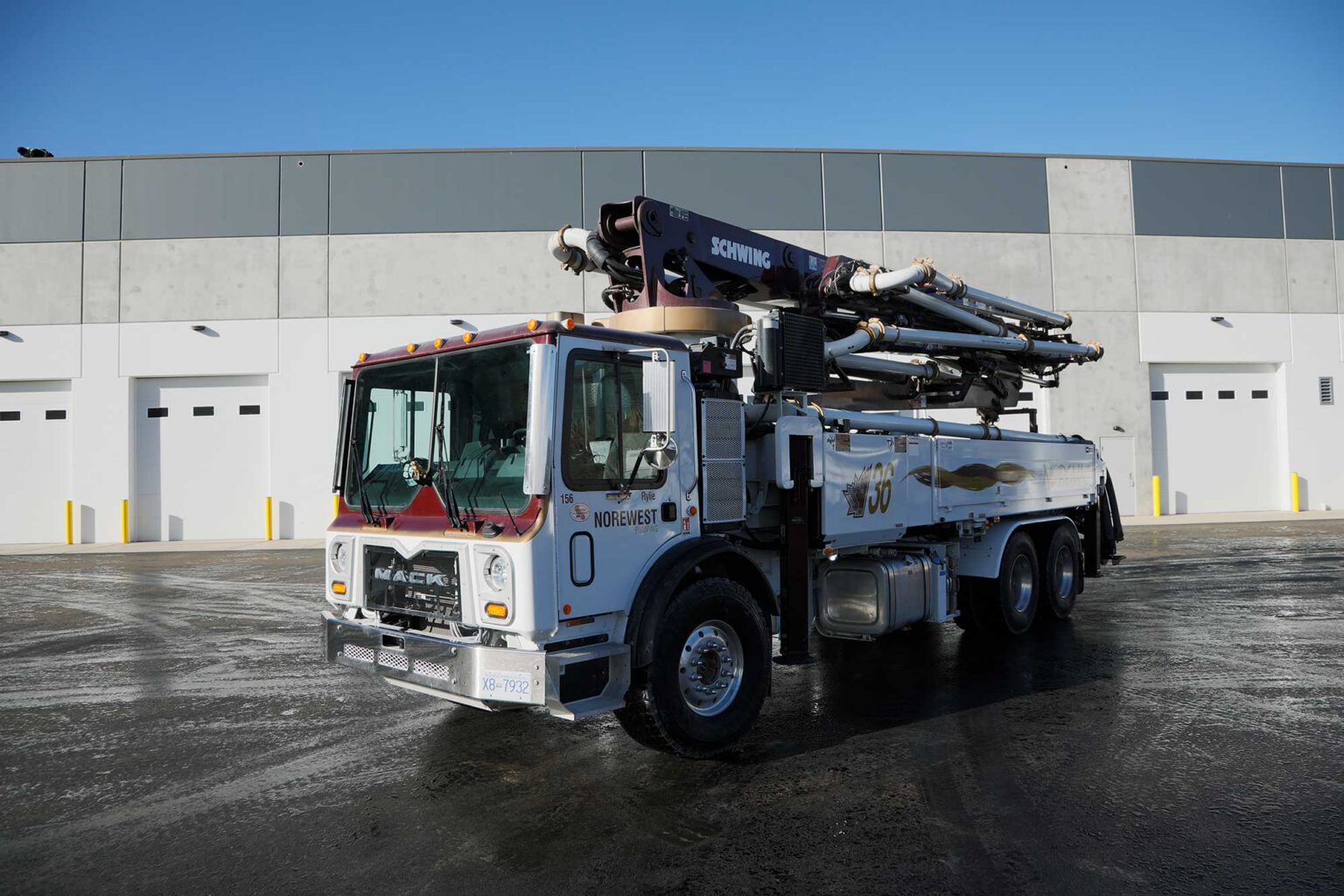 A Schwing 36X Boom with the Noremac logo on it.