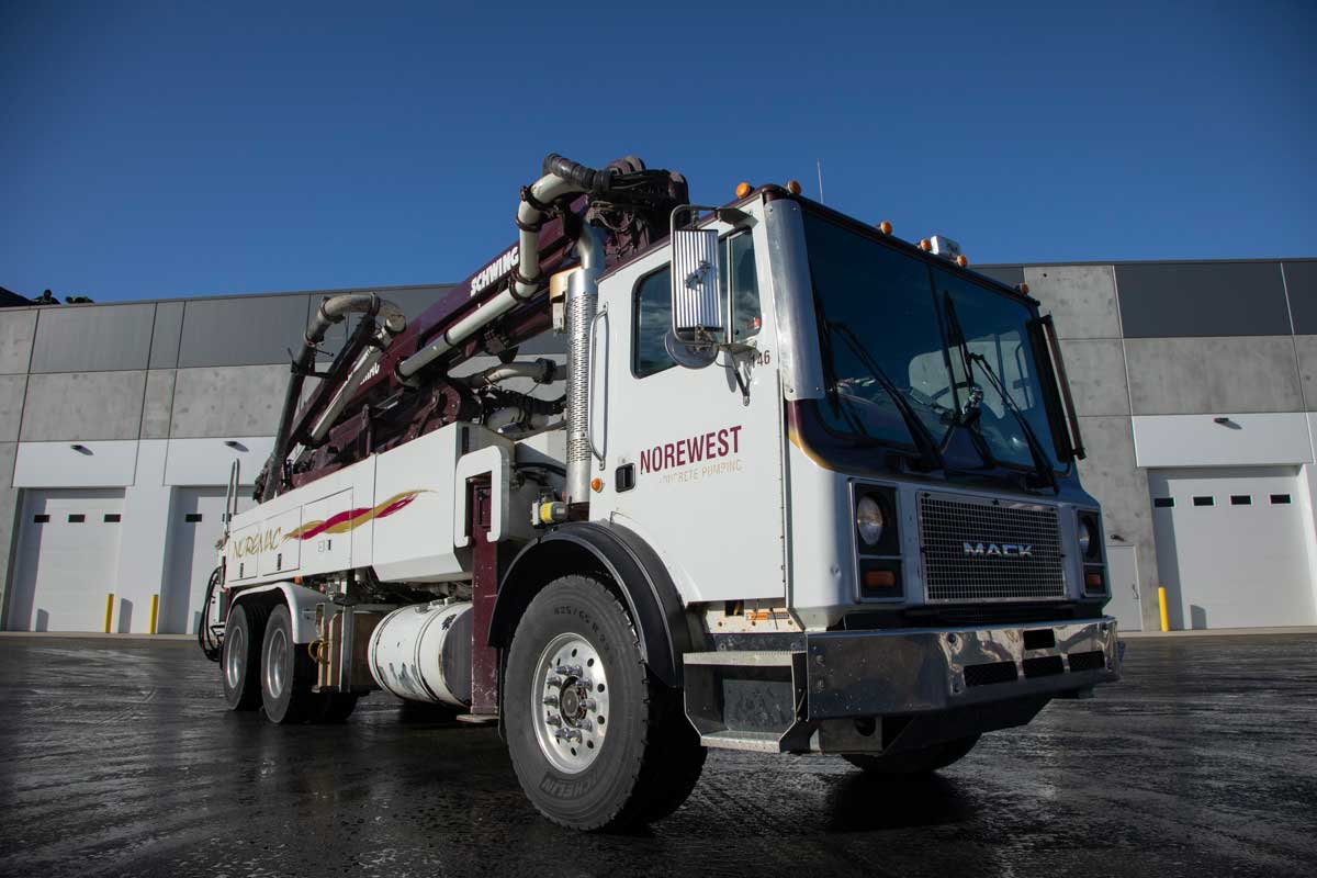 Close up of a Schwing Noremac boom pump.